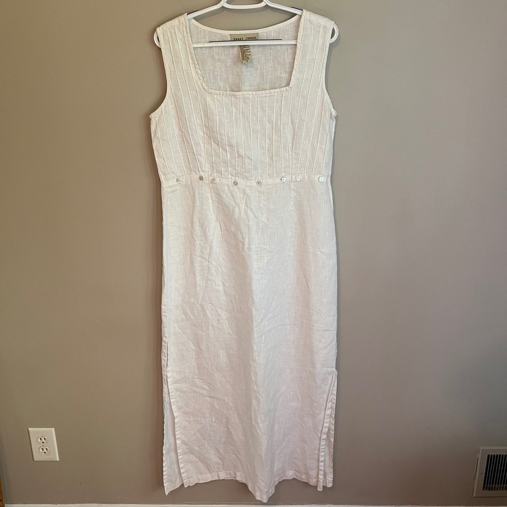 Sweet Jessie White 100% Linen Sleeveless Pintuck Maxi Dress M Coastal Quiet Lux